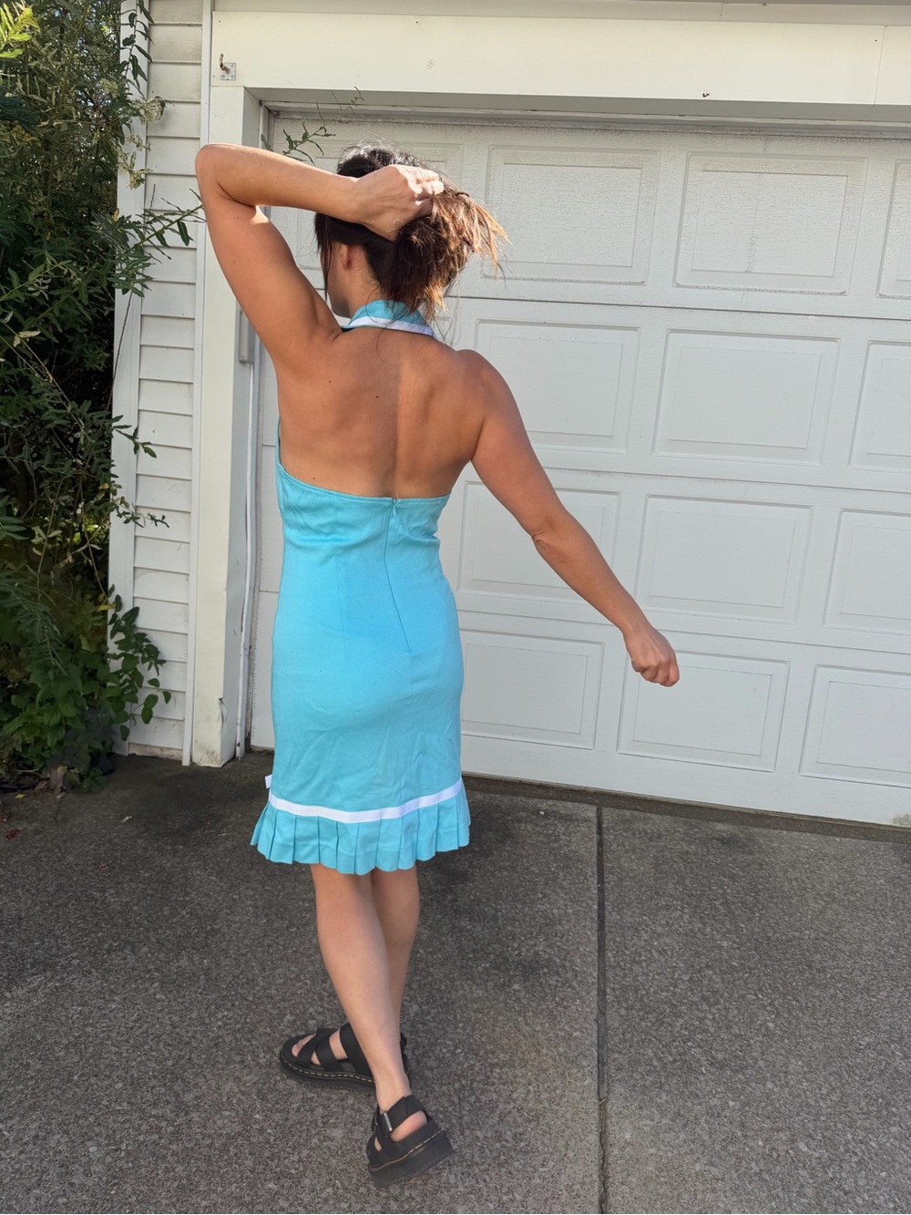 Vintage Jade Aqua Halter Maxi Dress with White Trim